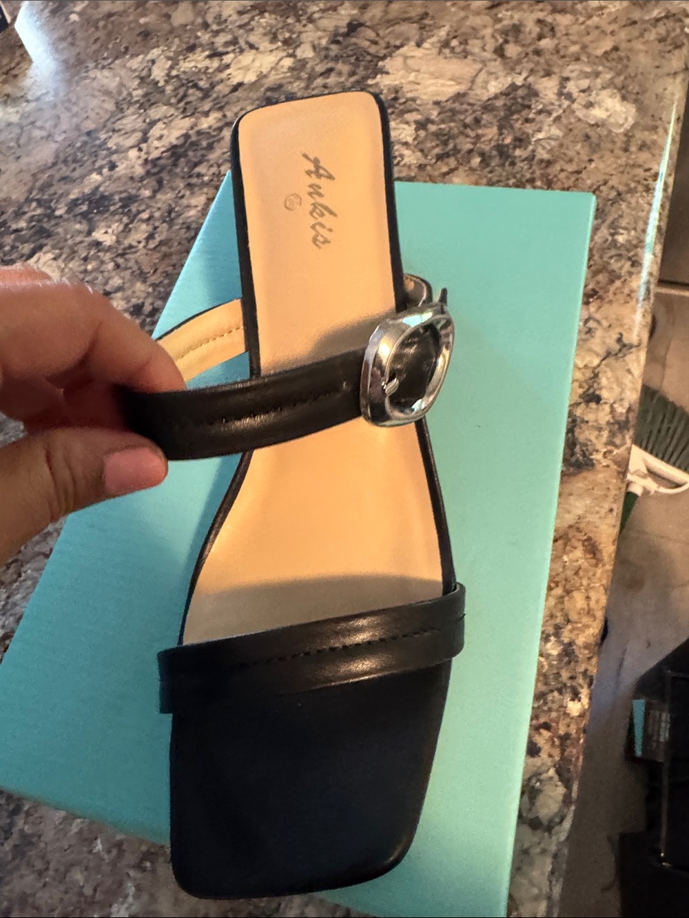 Black Block Heel Slide Sandals with Buckle Accent - Picture 2 of 3